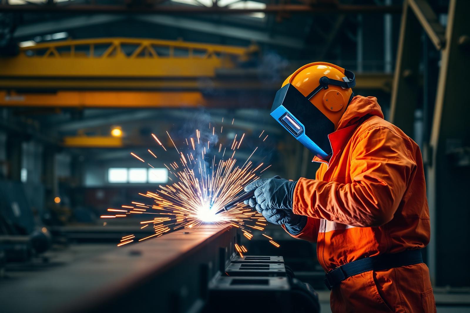 Welder working on a steel beam in a fabrication workshop