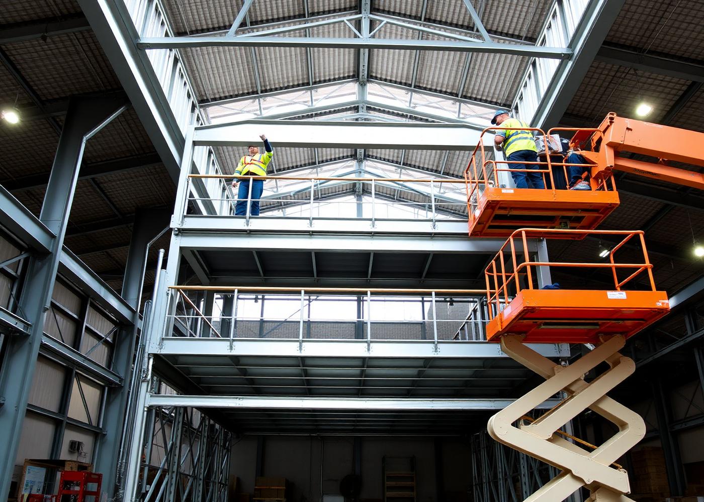 Steel mezzanine floor being erected inside a UK warehouse